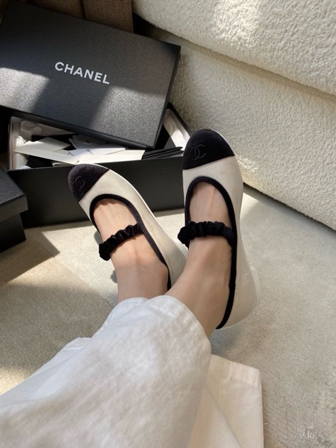 全新香奈兒chanel 平地鞋 芭蕾舞鞋絲絨熊貓配色瑪麗珍 size 36-8