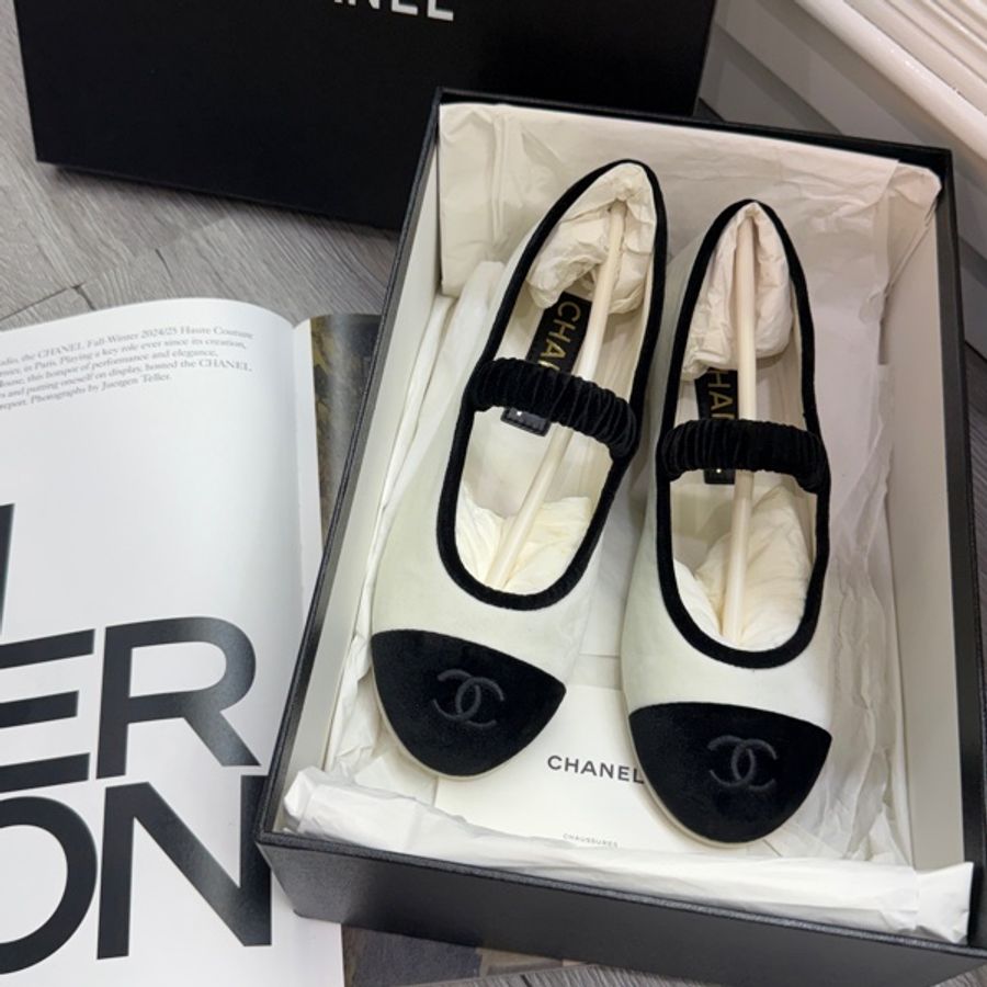 全新香奈兒chanel 平地鞋 芭蕾舞鞋絲絨熊貓配色瑪麗珍 size 36-10