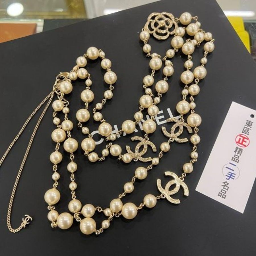 東區正精品㊣CHANEL 香奈兒金色山茶花雙C Logo 星星珍珠水鑽雙圈長項鍊 RZ6537-2
