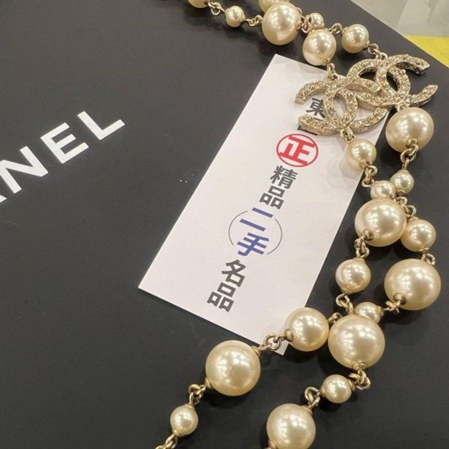 東區正精品㊣CHANEL 香奈兒金色山茶花雙C Logo 星星珍珠水鑽雙圈長項鍊 RZ6537-9