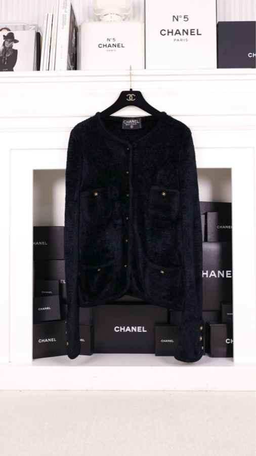 Chanel黑金毛巾材质针织两口袋开衫外套-0