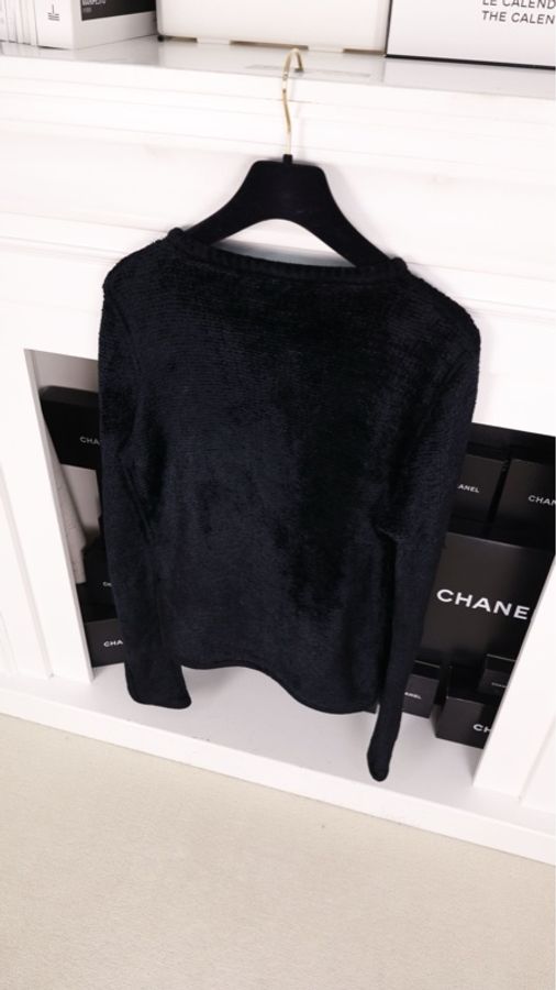 Chanel黑金毛巾材质针织两口袋开衫外套-1
