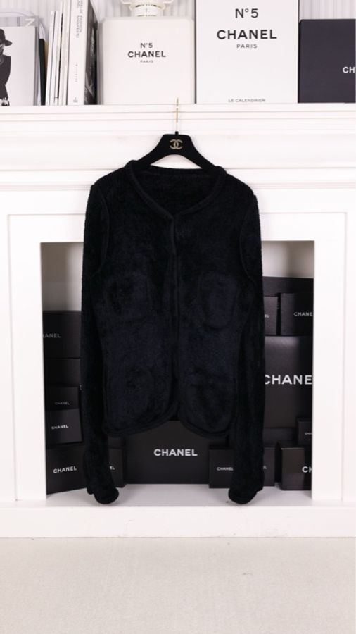 Chanel黑金毛巾材质针织两口袋开衫外套-5