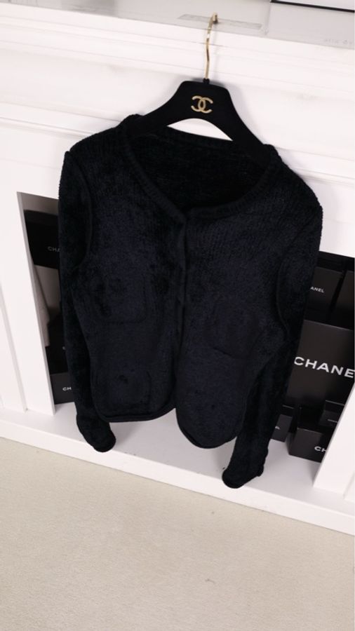 Chanel黑金毛巾材质针织两口袋开衫外套-9
