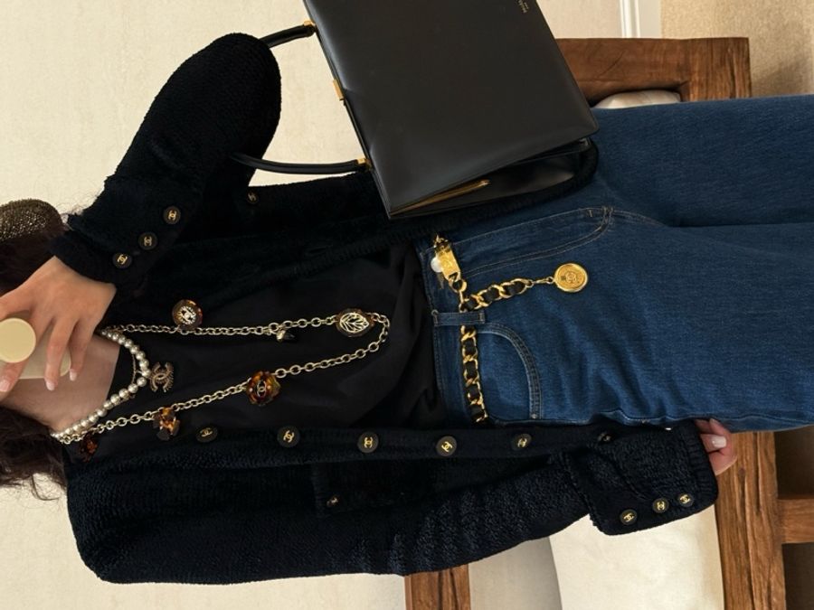 Chanel黑金毛巾材质针织两口袋开衫外套-14