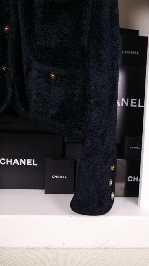 Chanel黑金毛巾材质针织两口袋开衫外套-37