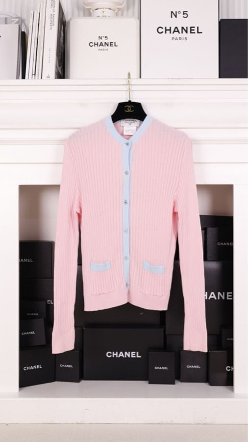 Chanel 97年粉蓝拼色羊毛两口袋针织开衫外套-0
