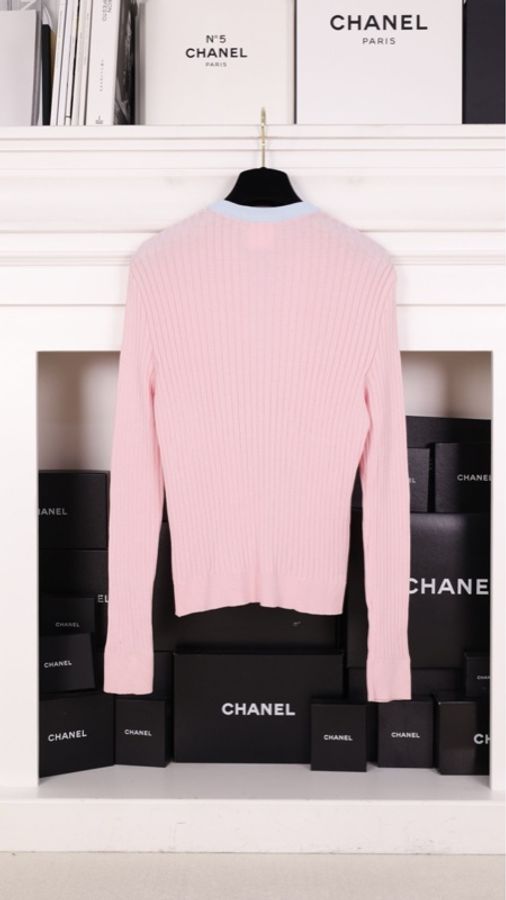 Chanel 97年粉蓝拼色羊毛两口袋针织开衫外套-4