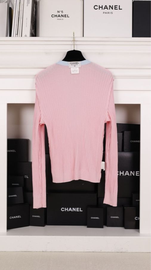 Chanel 97年粉蓝拼色羊毛两口袋针织开衫外套-5