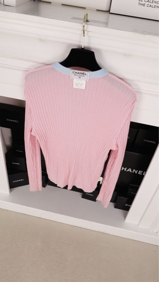 Chanel 97年粉蓝拼色羊毛两口袋针织开衫外套-6