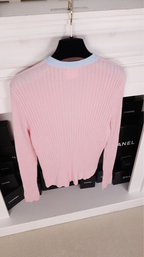Chanel 97年粉蓝拼色羊毛两口袋针织开衫外套-11