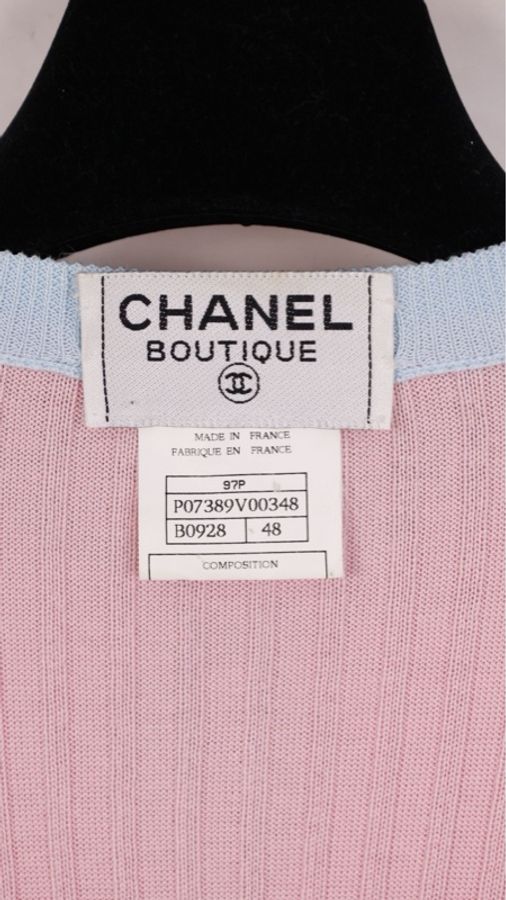 Chanel 97年粉蓝拼色羊毛两口袋针织开衫外套-12