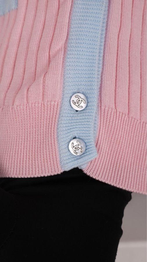 Chanel 97年粉蓝拼色羊毛两口袋针织开衫外套-19