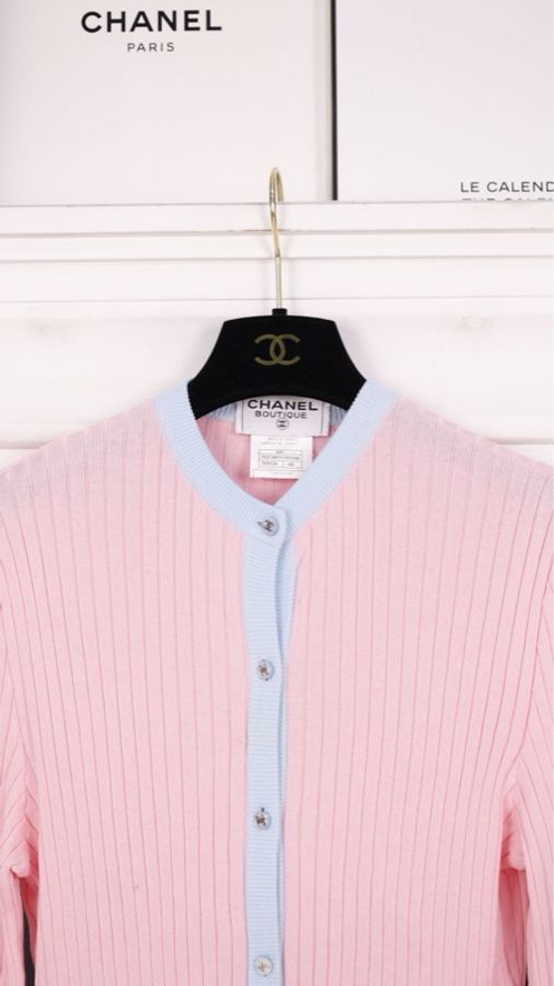 Chanel 97年粉蓝拼色羊毛两口袋针织开衫外套-22