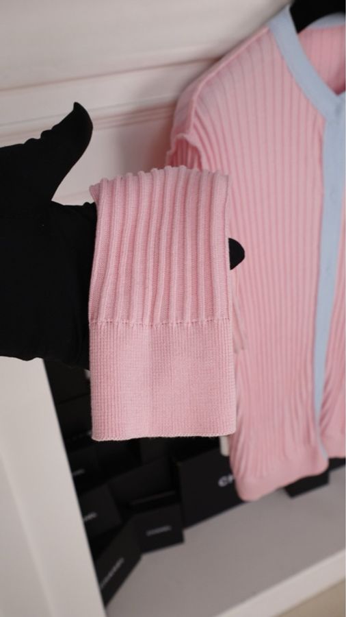 Chanel 97年粉蓝拼色羊毛两口袋针织开衫外套-30
