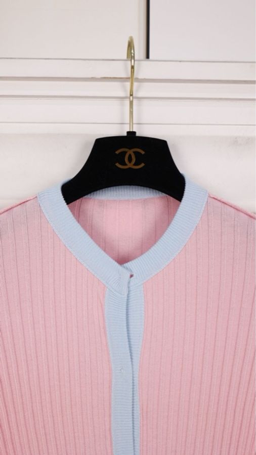 Chanel 97年粉蓝拼色羊毛两口袋针织开衫外套-35