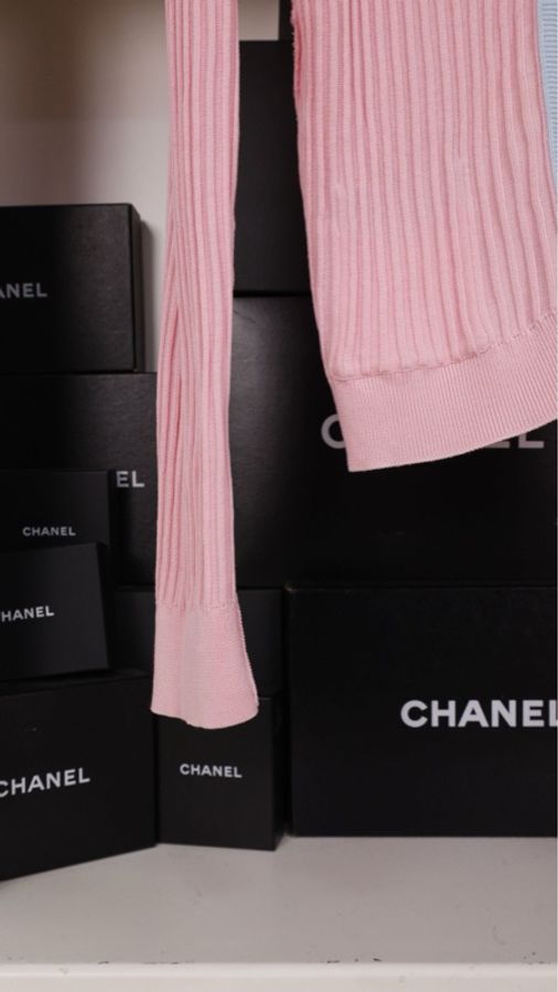 Chanel 97年粉蓝拼色羊毛两口袋针织开衫外套-40