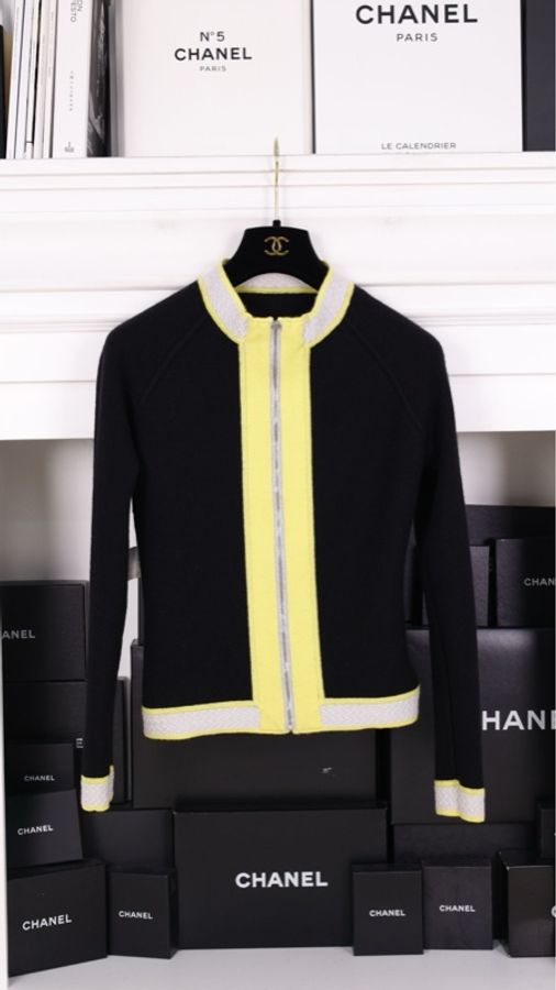 Chanel 03年黑色山羊绒黄灰滚边立领拉链针织开衫外套-1