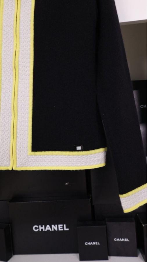 Chanel 03年黑色山羊绒黄灰滚边立领拉链针织开衫外套-36