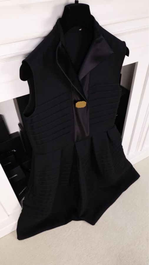 Celine黑金扣条纹羊毛无袖蓬蓬裙连衣裙-3