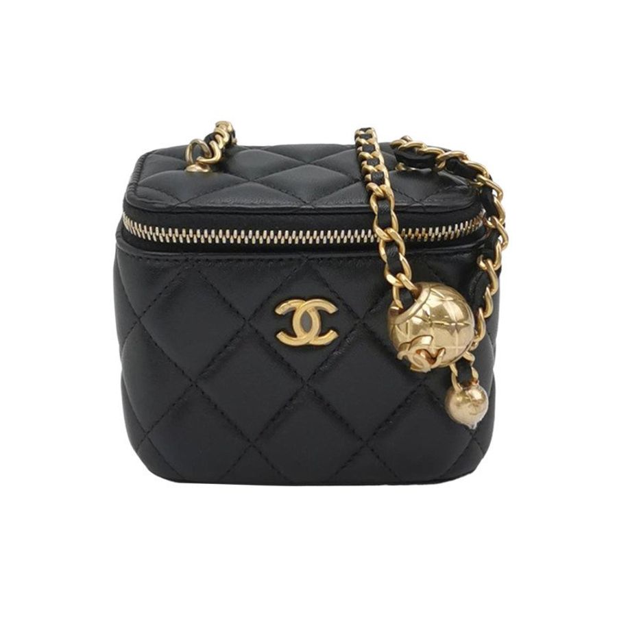 Chanel Vanity Case羊皮菱格絎縫金球雙C標識斜背包單肩包-0