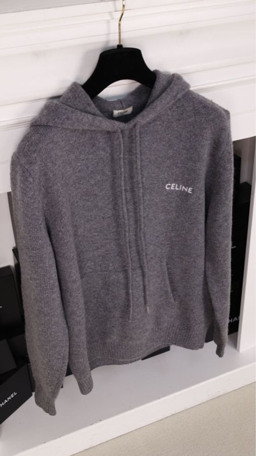Celine灰色山羊绒针织套头连帽毛衣-1