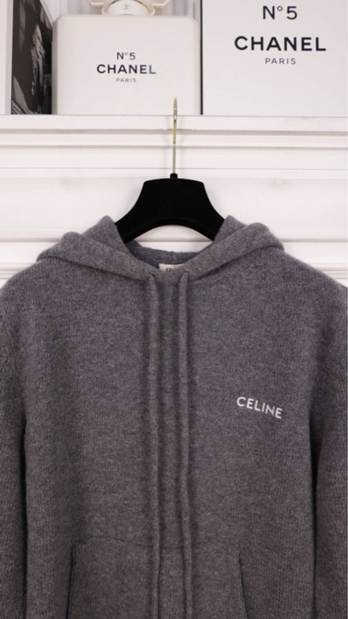 Celine灰色山羊绒针织套头连帽毛衣-31