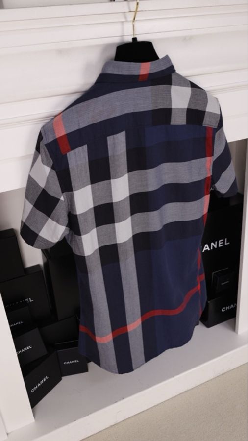 Burberry蓝色格纹短袖衬衫上衣-3