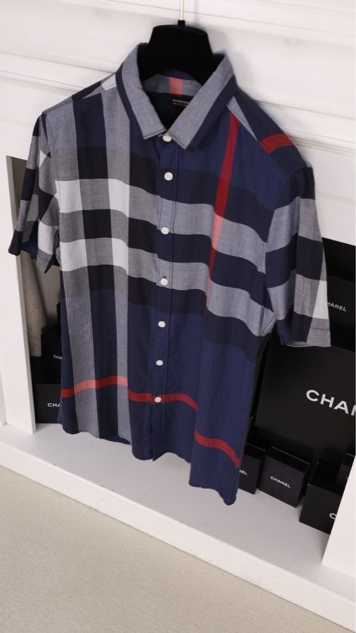Burberry蓝色格纹短袖衬衫上衣-7