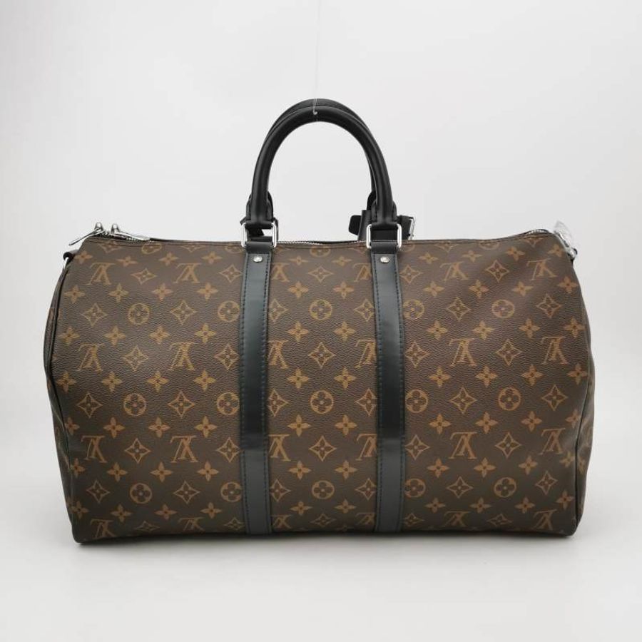 Louis Vuitton (LV) Keepall45牛皮Monogram印花加強飾帶圓筒包肩包行李箱包晶片款-4