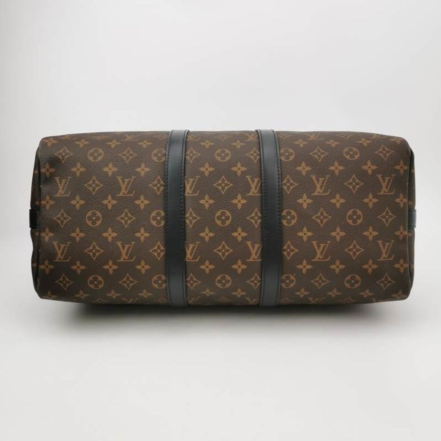Louis Vuitton (LV) Keepall45牛皮Monogram印花加強飾帶圓筒包肩包行李箱包晶片款-5