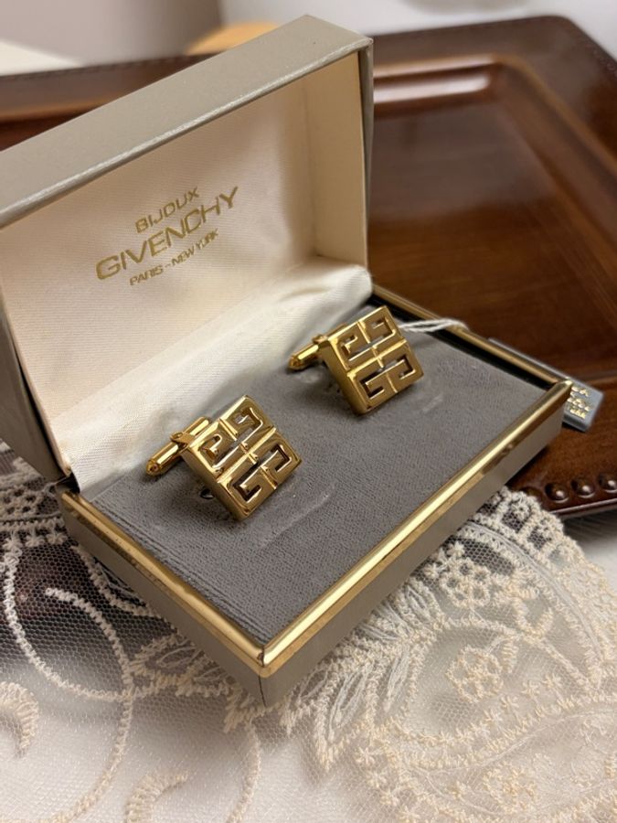 Givenchy 經典 4G Logo 復古金色方形袖扣 全新未使用 送禮-0