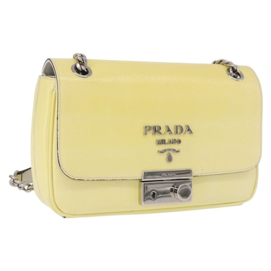 【日本直送】PRADA 鏈條單肩包 Safiano 皮革 黃色 銀色 正品 190027A-0