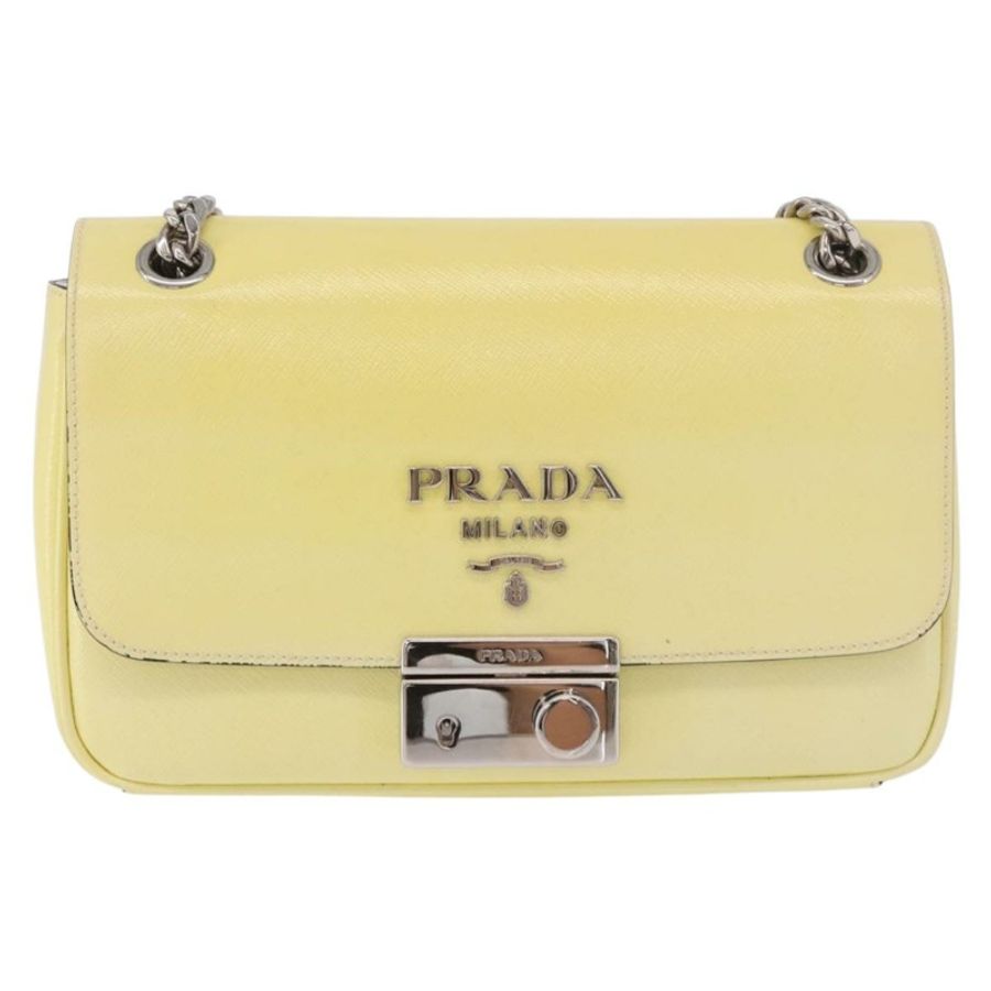 【日本直送】PRADA 鏈條單肩包 Safiano 皮革 黃色 銀色 正品 190027A-12