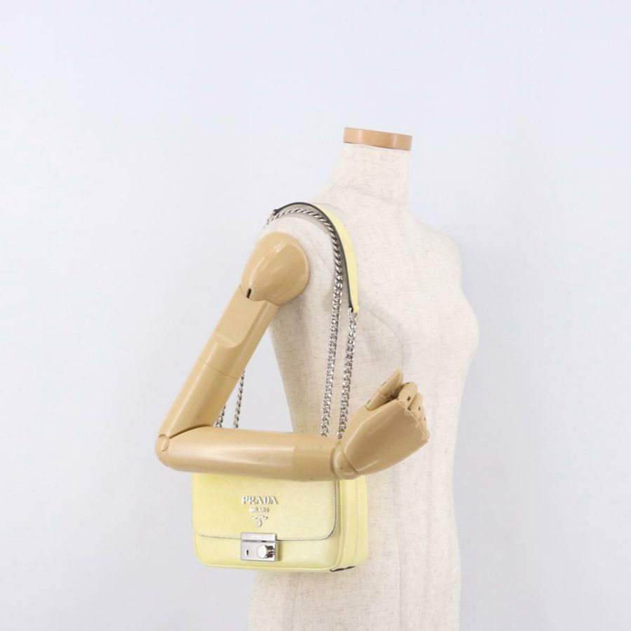 【日本直送】PRADA 鏈條單肩包 Safiano 皮革 黃色 銀色 正品 190027A-25