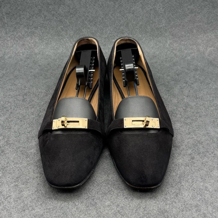 Hermes Kelly金扣黑色麂皮平底芭蕾鞋 37碼 成色很好已貼底-1