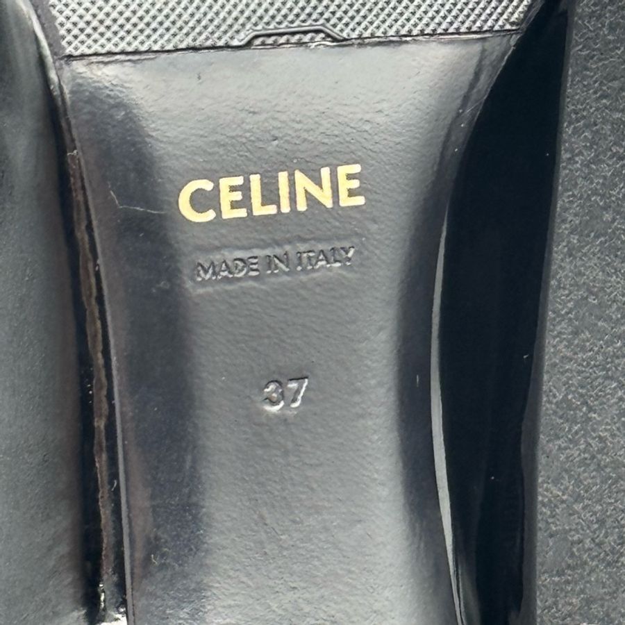 CELINE賽琳 牛皮漆革與橫紋羅緞面料T字帶 粗跟 高跟鞋 女款 黑色 已貼底37碼-6