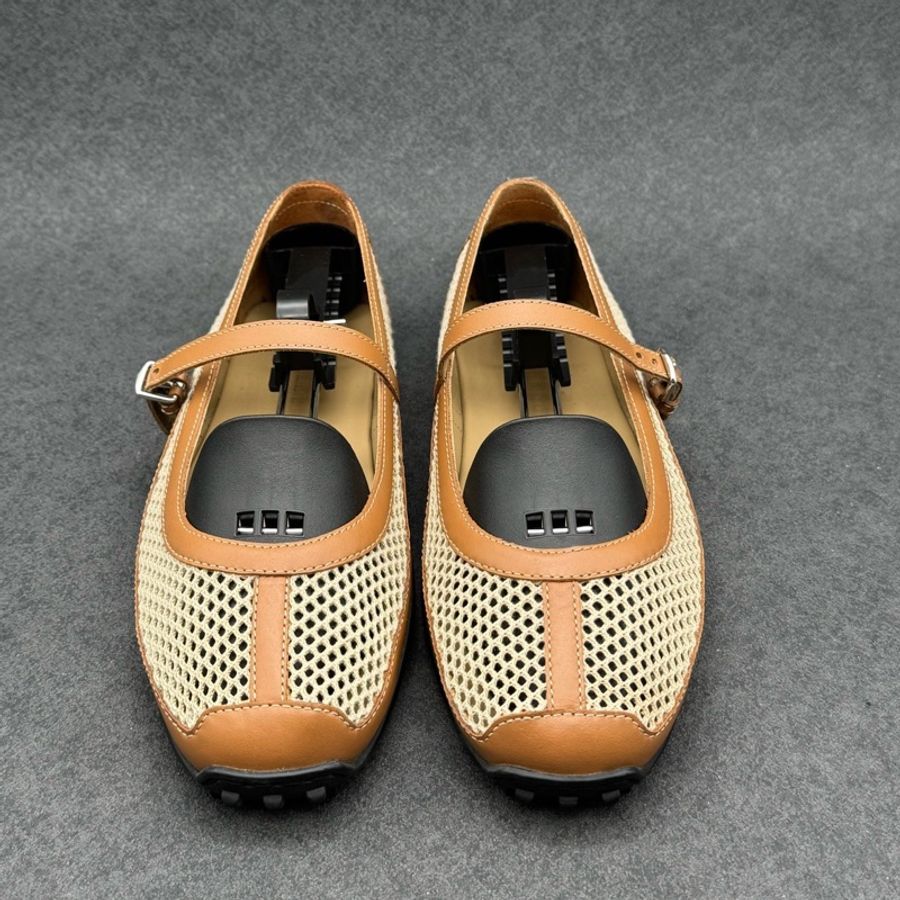 HERMES爱马仕 Kichu 小牛皮 钩针编织圆头搭扣 芭蕾鞋 1.1cm 女款 亚麻米色 36.5码-1