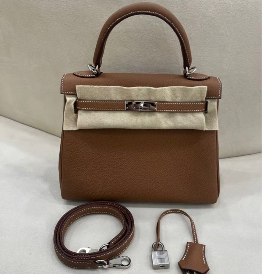 98新‼️Hermes 愛馬仕 kelly25 金棕銀扣 K刻-0