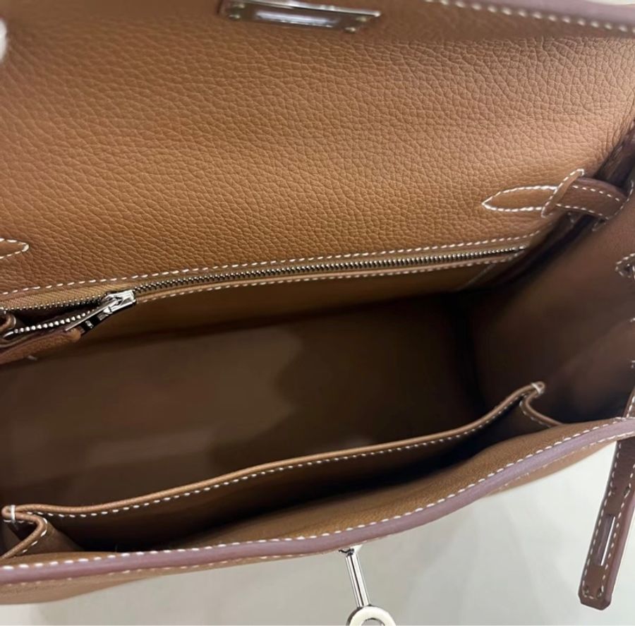 98新‼️Hermes 愛馬仕 kelly25 金棕銀扣 K刻-5