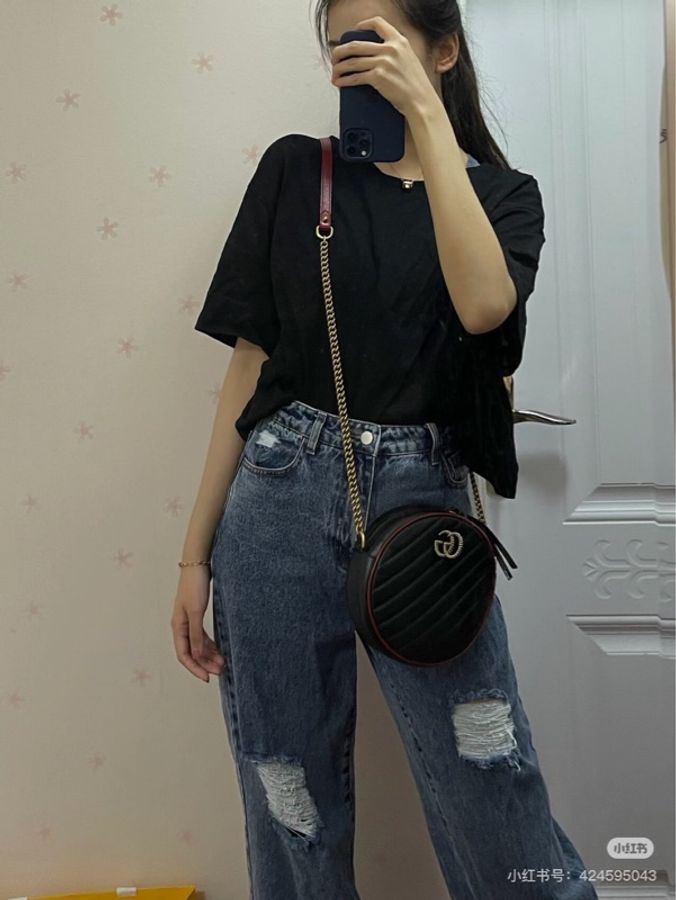 🖤 威選精品|GUCCI 黑色拼紅色 GG Marmont 圓餅包-1