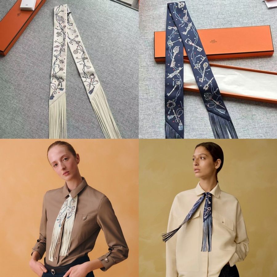 🐑全新 現貨 🧡 Hermes Les Cles a Pois leather fringes Twilly 圓點鑰匙流蘇 小絲巾 🔥🔥🔥-0