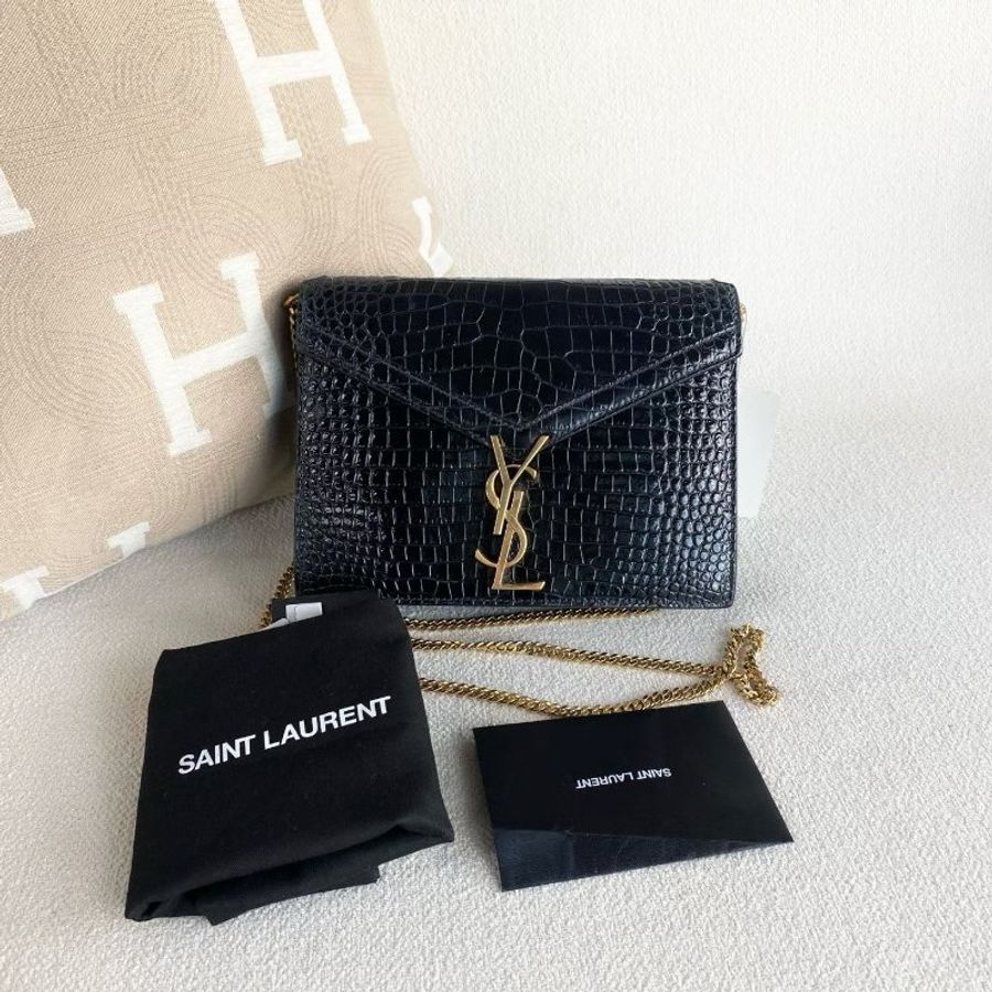 YSL Cassandra黑金鱷魚紋鏈條信封包 黑色金扣 鱷魚壓紋 22*16*6 98新配件塵袋-1
