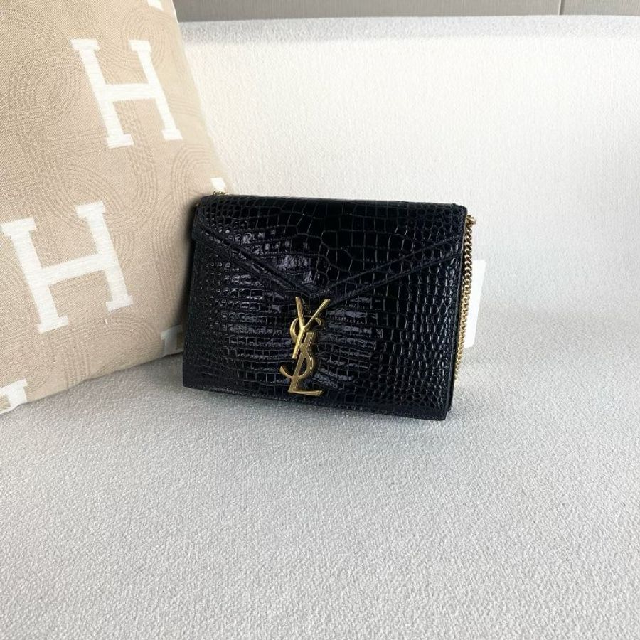 YSL Cassandra黑金鱷魚紋鏈條信封包 黑色金扣 鱷魚壓紋 22*16*6 98新配件塵袋-2