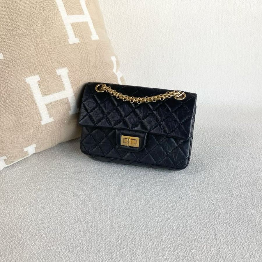 Chanel 黑金mini2.55鏈條包 黑色金扣 褶皺牛皮 20*12*7 99新配件塵袋保卡-1