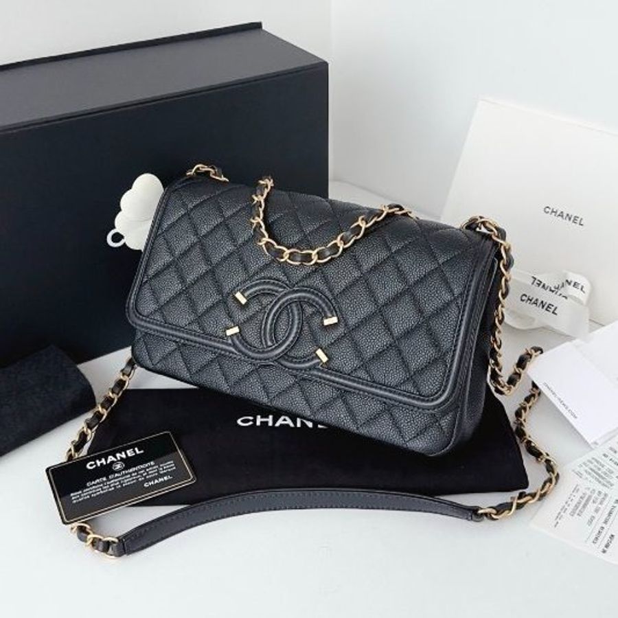 近新品 香奈兒/Chanel Filigree Flag CF中號黑金鏈條口蓋包-3