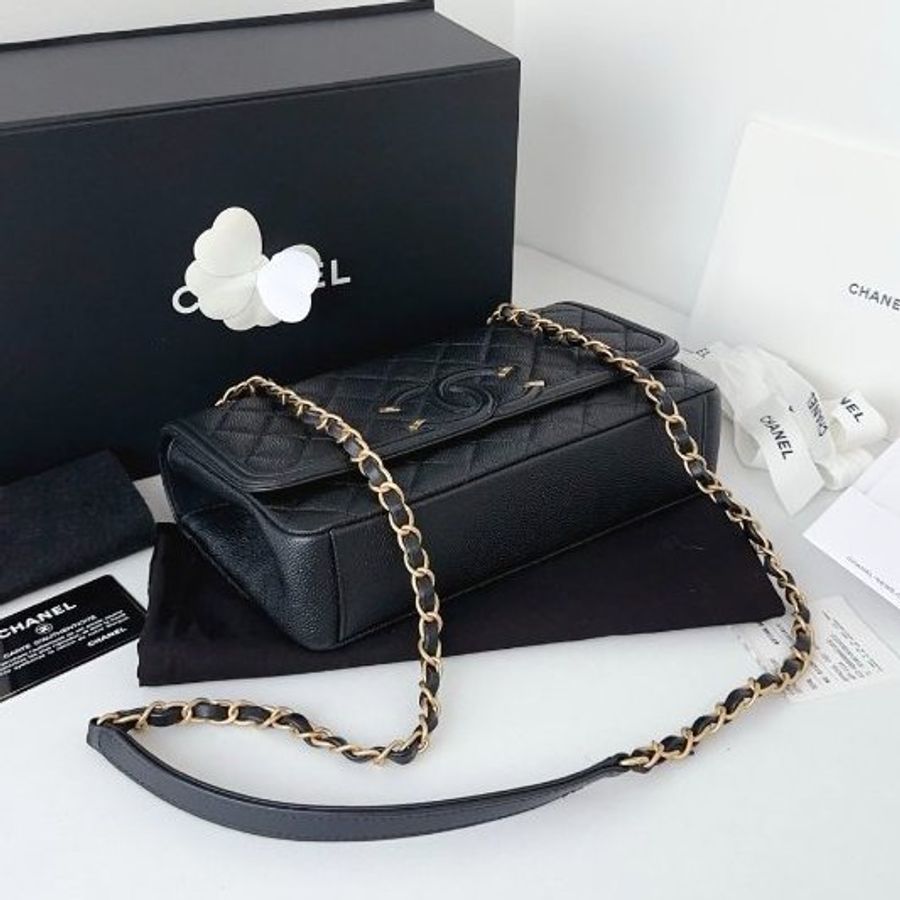 近新品 香奈兒/Chanel Filigree Flag CF中號黑金鏈條口蓋包-7