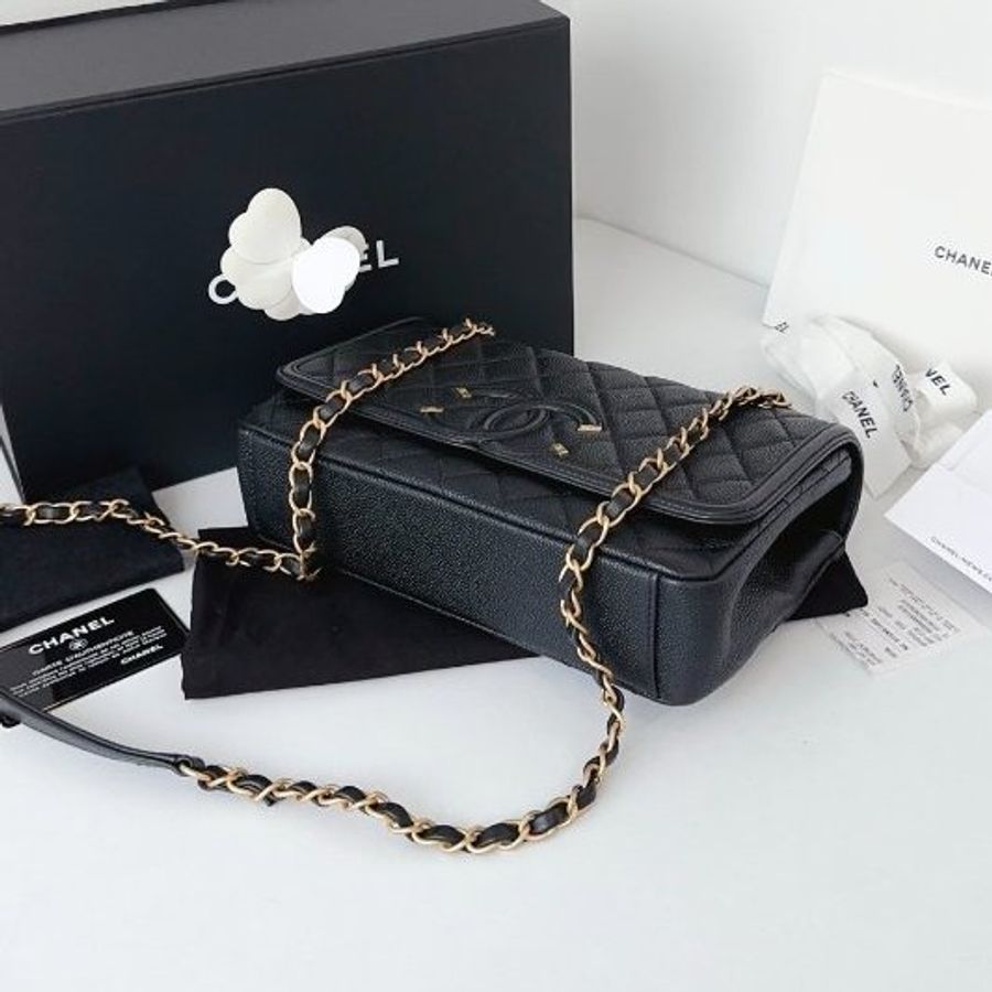 近新品 香奈兒/Chanel Filigree Flag CF中號黑金鏈條口蓋包-8