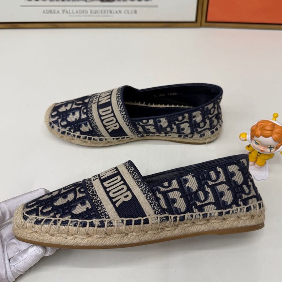 迪奥/Dior 深蓝色棉质刺绣 Oblique 印花 36.5 碼渔夫鞋-1