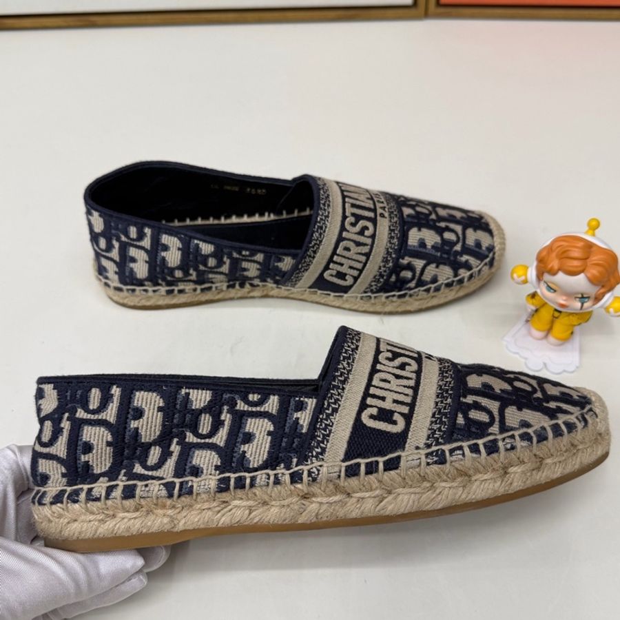 迪奥/Dior 深蓝色棉质刺绣 Oblique 印花 36.5 碼渔夫鞋-2